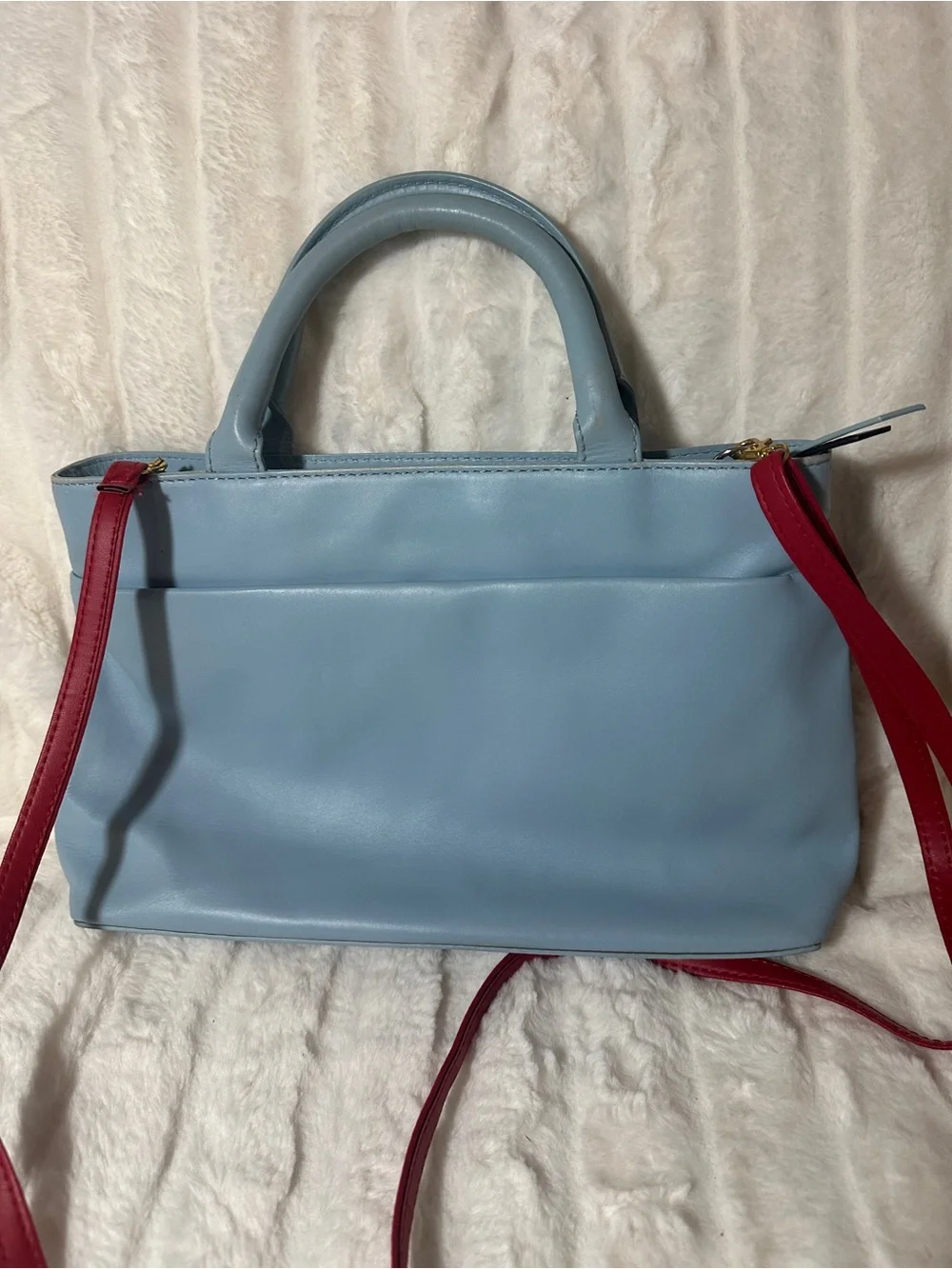 Harrods Light Blue Satchel with Red Strap and London Motif